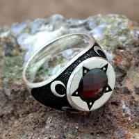 925 Ayar Gümüş Ay Yıldız Tasarım Kırmızı Zirkon Taşlı Erkek Yüzük