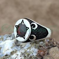 925 Ayar Gümüş Ay Yıldız Tasarım Kırmızı Zirkon Taşlı Erkek Yüzük