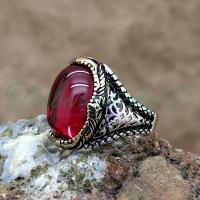 925 Ayar Gümüş Tasarım Kırmızı Lal Taşlı Erkek Yüzük