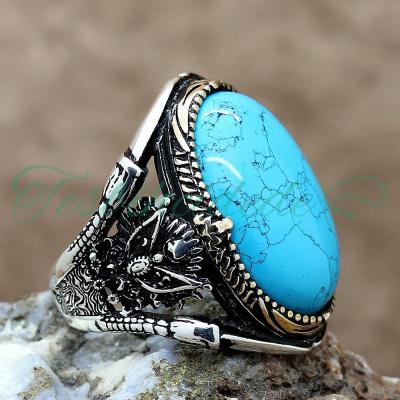925 Ayar Gümüş Osmanlı Armalı Firuze(Turkuaz) Taşlı Erkek Yüzük