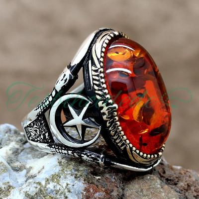 925 Ayar Gümüş Ayyıldız Sıkma Kehribar Taşlı Erkek Yüzük