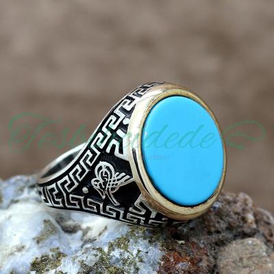 925 Ayar Gümüş Tuğralı Firuze(Turkuaz) Taşlı Erkek Yüzük