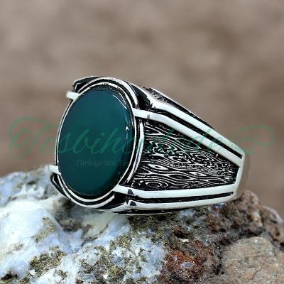 925 Ayar Gümüş Yeşil Akik Taşlı Erkek Yüzük