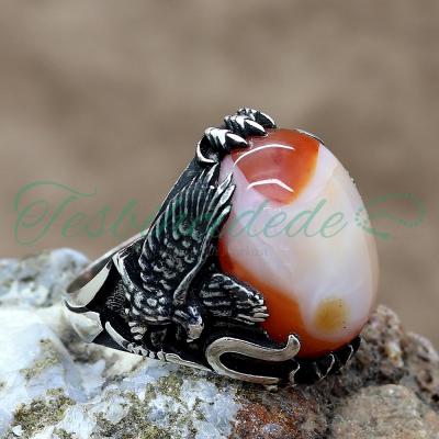 925 Ayar Gümüş Kartal Pençeli Akik Taşlı Erkek Yüzük