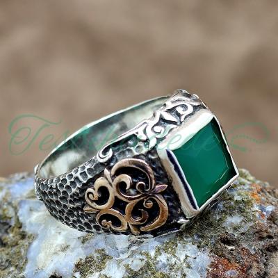 925 Ayar Gümüş Tasarım Kök Zümrüt Taşlı Erkek Yüzük