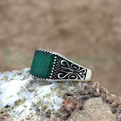925 Ayar Gümüş Motifli Yeşil Akik Taşlı Erkek Yüzük