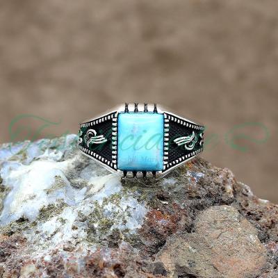 925 Ayar Gümüş Tuğra Tasarım Firuze(Turkuaz) Taşlı Erkek Yüzük