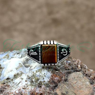 925 Ayar Gümüş Tuğra Ve Elif Vav Tasarım Kaplan Gözü Taşlı Erkek Yüzük