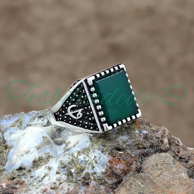 925 Ayar Gümüş Elif Vav Tasarım Yeşil Akik Taşlı Erkek Yüzük