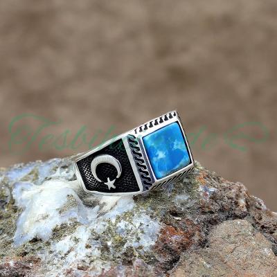925 Ayar Gümüş Ayyıldız Tasarım Firuze(Turkuaz) Taşlı Erkek Yüzük