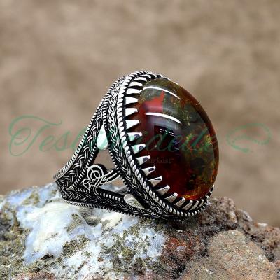 925 Ayar Gümüş Tuğra Tasarım Fosilli Sıkma Kehribar Taşlı Erkek Yüzük