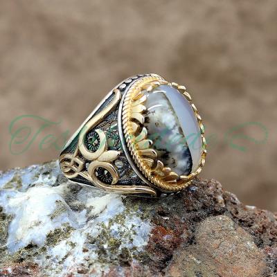 925 Ayar Gümüş Lale Tasarım Yemen Akik Taşlı Erkek Yüzük