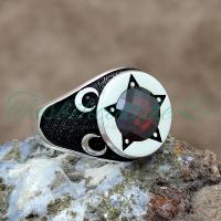 925 Ayar Gümüş Ay Yıldız Tasarım Kırmızı Zirkon Taşlı Erkek Yüzük