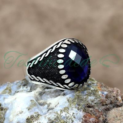 925 Ayar Gümüş Sarmaşık Tasarım Mavi Zirkon Taşlı Erkek Yüzük