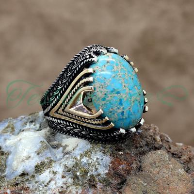 925 Ayar Gümüş Damarlı Firuze(Turkuaz) Taşlı Erkek Yüzük