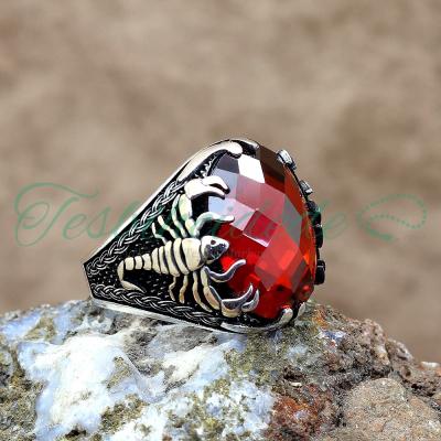 925 Ayar Gümüş Akrep Tasarım Kırmızı Zirkon Taşlı Erkek Yüzük