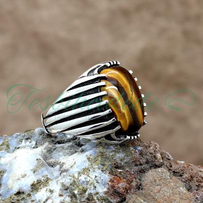 925 Ayar Gümüş Tasarım Kaplan Gözü Taşlı Erkek Yüzük