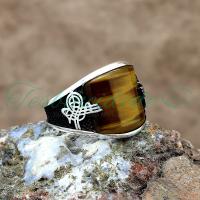 925 Ayar Gümüş Tuğra Tasarım Kaplan Gözü Taşlı Erkek Yüzük