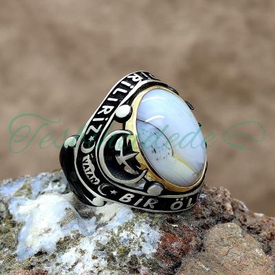 Bir Ölür Bin Diriliriz Yazılı Ayyıldız Tasarım Yemen Akik Taşlı Gümüş Yüzük