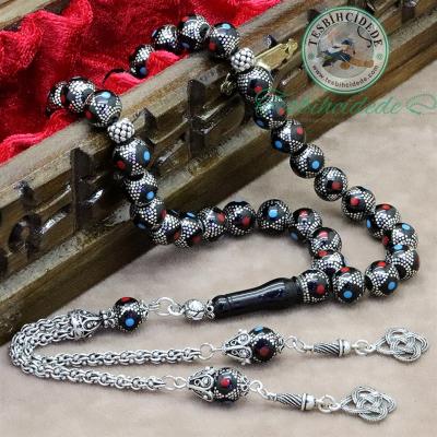 Bordo Mavi Mineli Ve Özel Gümüş İşlemeli Erzurum Oltu Taşı Tesbih