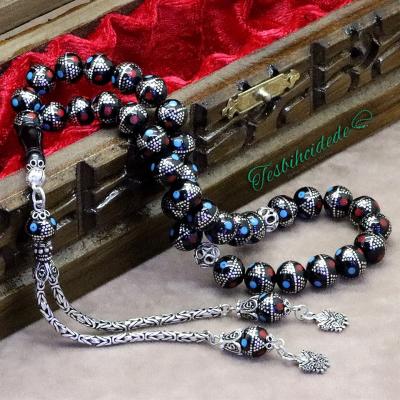 Bordo Mavi Renkli Mine Ve Piramit İşlemeli Erzurum Oltu Taşı Tesbih