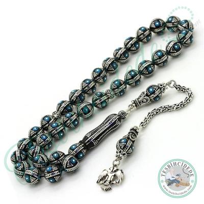 Çift Başlı Kartal Tasarım Firuze Ve Karpuz İşlemeli Erzurum Oltu Taşı Tesbih