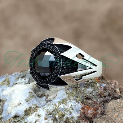 Fasetli Siyah Zirkon Taşlı Gümüş Erkek Yüzük