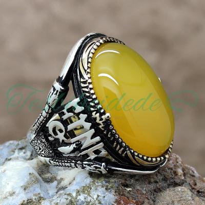 Göktürkçe Türk Yazılı Ayyıldız Pençeli Sıkma Kehribar Taşlı Gümüş Yüzük