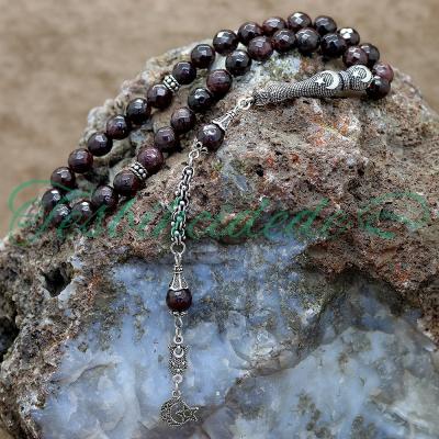 Gümüş Ayyıldız Tasarım Fasetli Lal (Granat) Taşı Tesbih