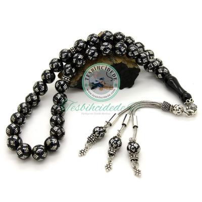 Gümüş Baklava İşlemeli Erzurum Oltu Taşı Tesbih