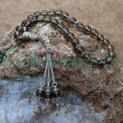 Gümüş Elif Vav Tasarım Dumanlı Kuvars Tesbih