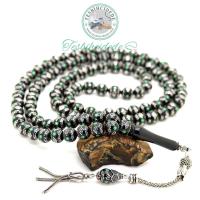 Gümüş Lale Püsküllü Yeşil Mine İşlemeli 99'Luk Erzurum Oltu Taşı Tesbih