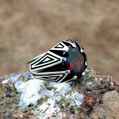Kırmızı Zirkon Taşlı Gümüş Tasarım Erkek Yüzük