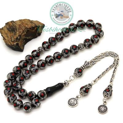 Kırmızı Mine Ve Gümüş İşlemeli Tuğra Püsküllü Erzurum Oltu Taşı Tesbih