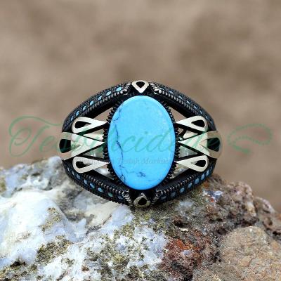 Lale Tasarım Firuze(Turkuaz) Taşlı Gümüş Erkek Yüzük