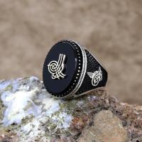Osmanlı Tuğralı Siyah Oniks Taşlı Gümüş Erkek Yüzük