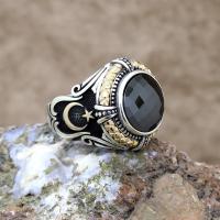 Siyah Zirkon Taşlı Ayyıldız Motifli Gümüş Erkek Yüzük