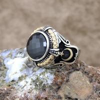 Siyah Zirkon Taşlı Ayyıldız Motifli Gümüş Erkek Yüzük