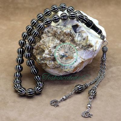 925 Ayar Gümüş Ayyıldız Tasarım Karpuz İşlemeli Erzurum Oltu Taşı Tesbih